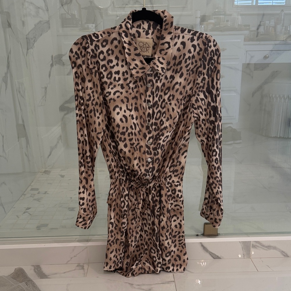 Chaser Leopard Print Long Sleeve Shirt Dress - Beige/Black